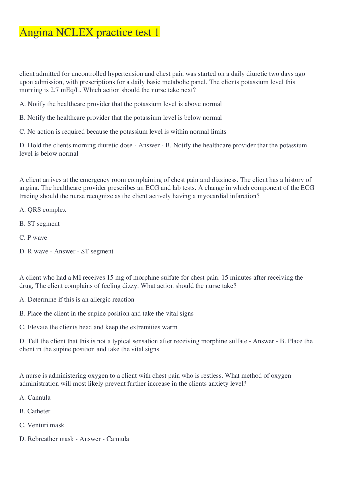 Preview image for Angina NCLEX practice test 1 Questions And Answers 2022/2023